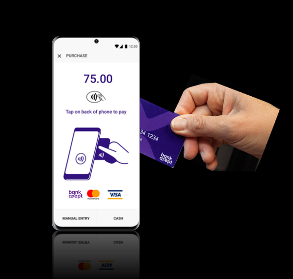 Viser BankAxept-betaling ved å tæppe en mobiltelefon i butikken
